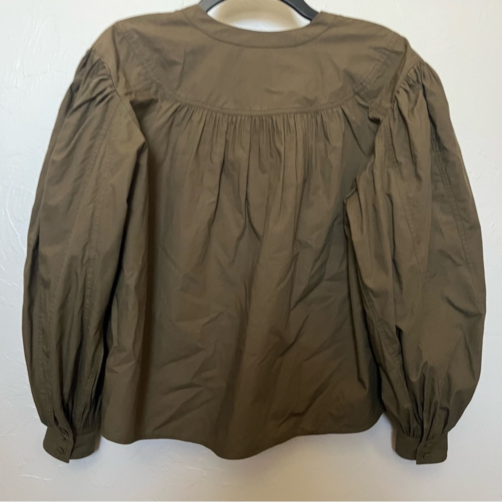 ULLA JOHNSON Delaney Balloon Sleeve Poplin Cotton Blouse in Olive Green Size 0 - Picture 10 of 14